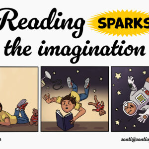 Three paneled comic strip depicting a kid reading a book and how that makes him imagine being in outer space.